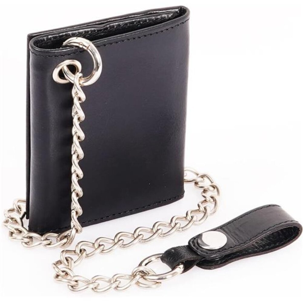 Genuine Black Leather Wallet - Men Trifold Wallet w/ Steel Chain